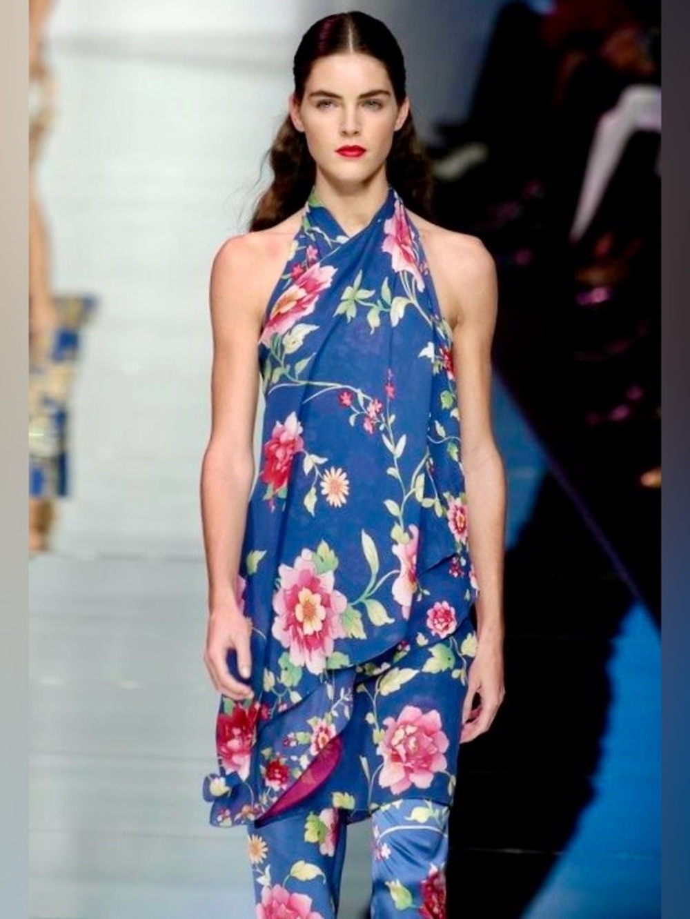 Vintage VALENTINO S/S 2006 Draped Silk Floral Twist Halter Dress in Blue Yellow